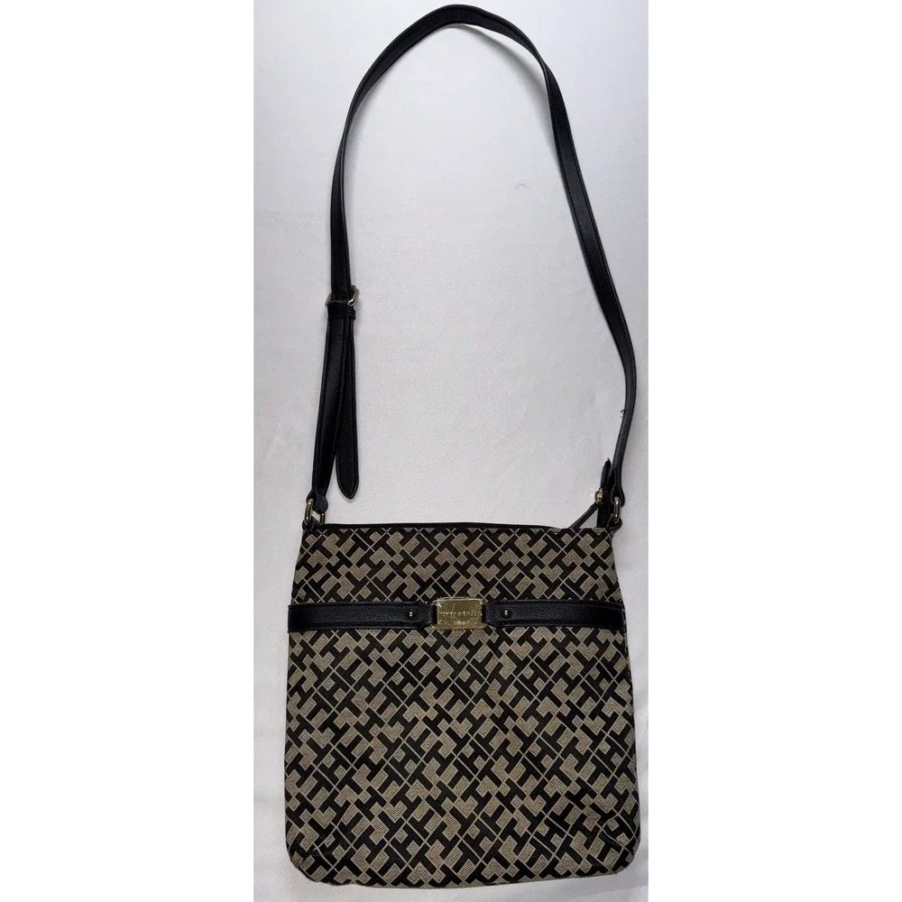 Tommy Hilfiger Crossbody Bag Womens Small Black Tan Monogram Jacquard Purse